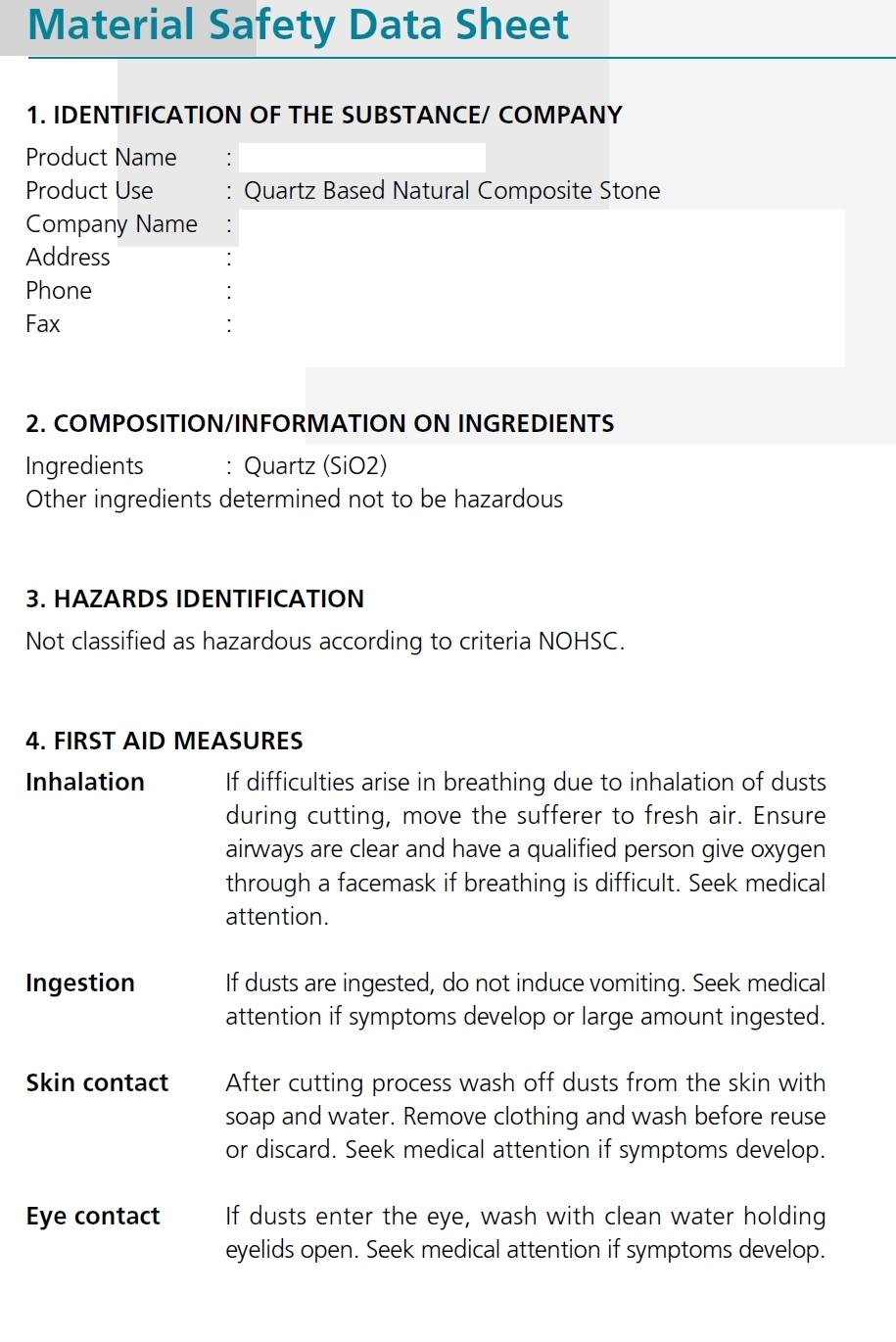 Engineered Quartz Material Safety Data Sheet ( MSDS ) Worktops and more Engineered Stone