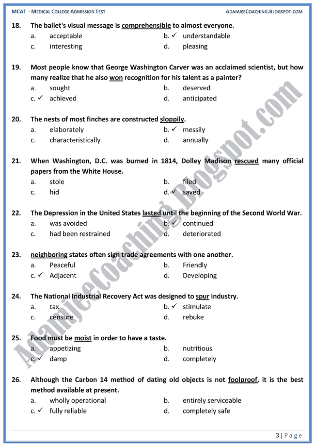 Adamjee Coaching MCAT English [Vocabulary] Mcqs for Medical Entry Test
