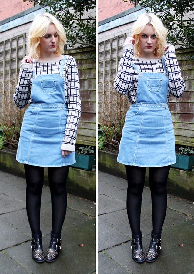 denim dungaree dress with tights