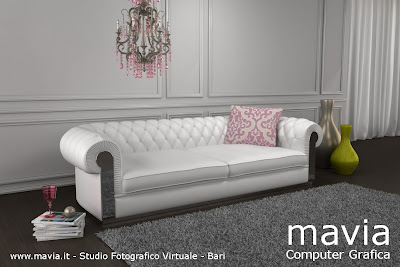 Realizzazione Rendering Divani 3d: divano in pelle di colore bianco, modello chesterfield in ambiente classico con boiserie in gesso