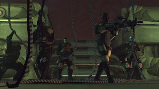 The mad squad fastroping into an alien base