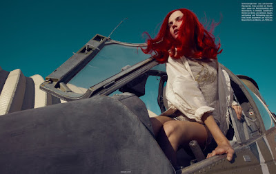 woman in airplane, airport, redhead, neon hair, vintage airplane fashion shoot, angelika kocheva model