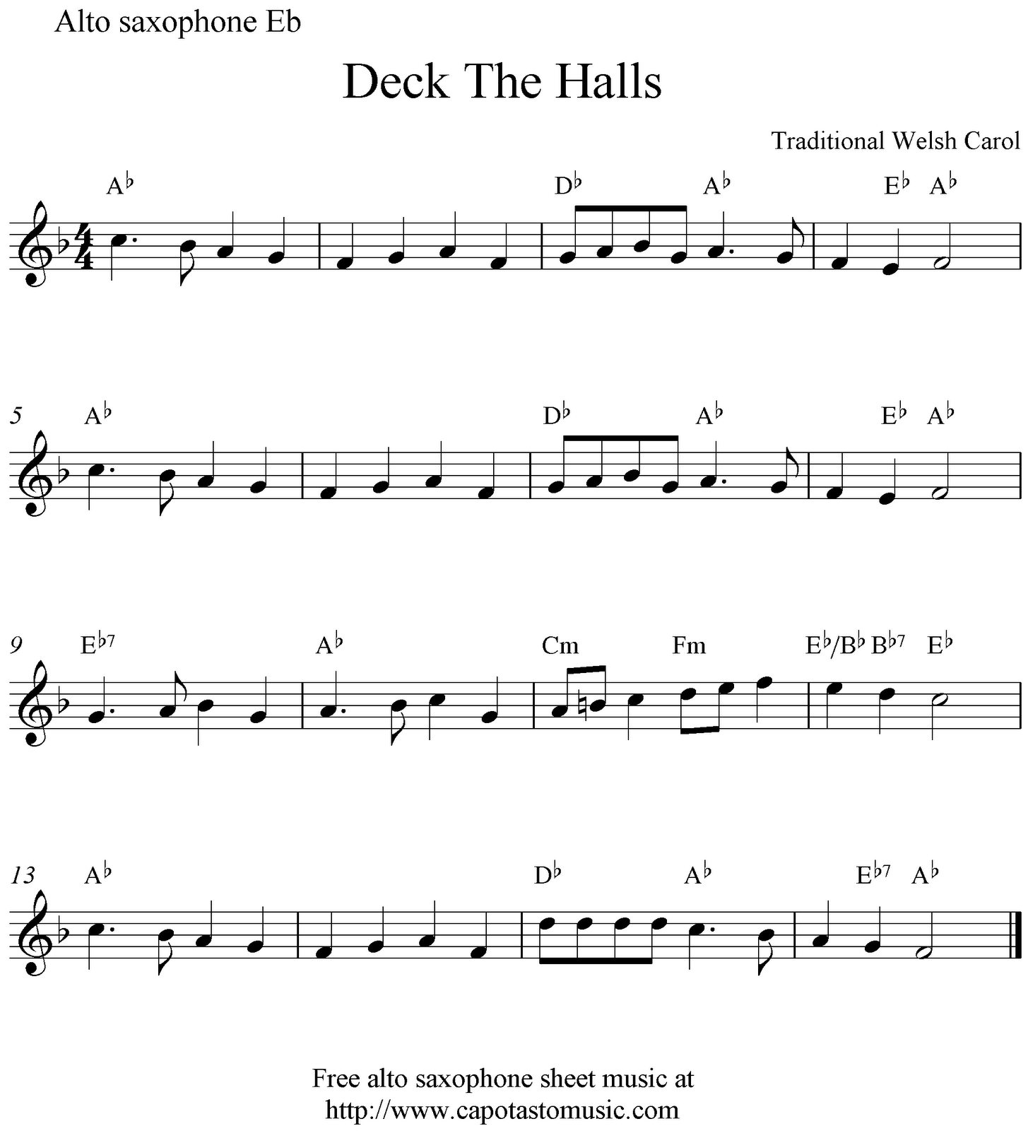 Deck The Halls, free Christmas alto saxophone sheet music notes