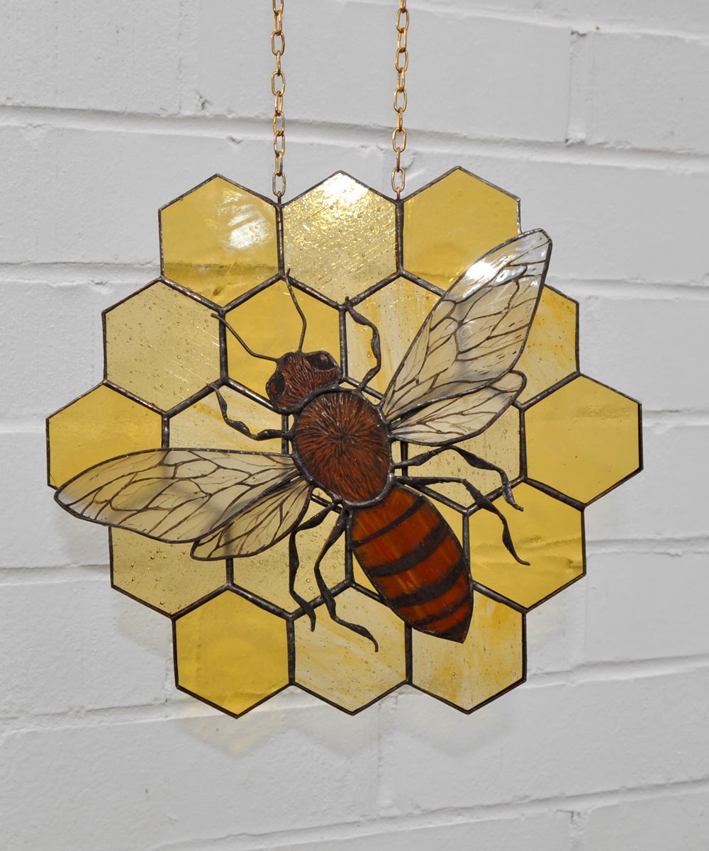 STAINED GLASS by Jennifer Coates: stained glass honey bee panel with