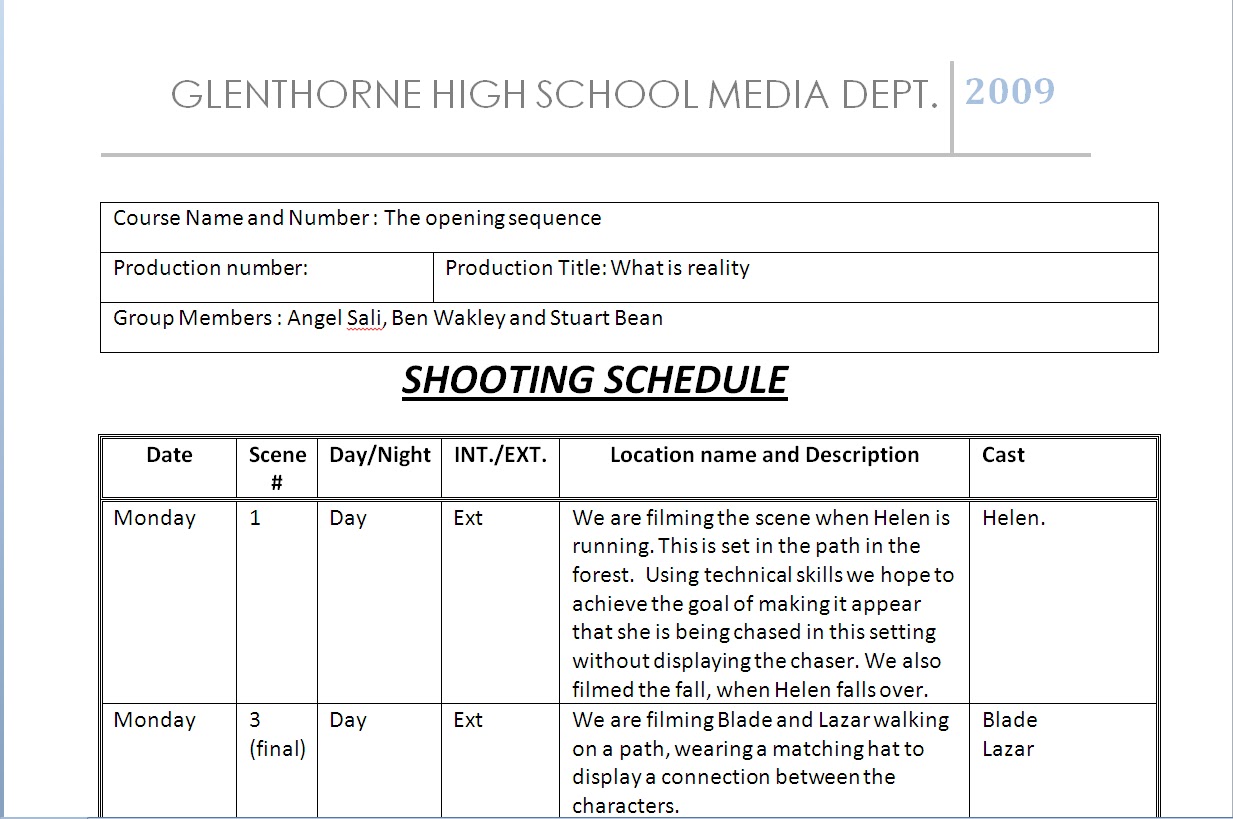 shooting schedule