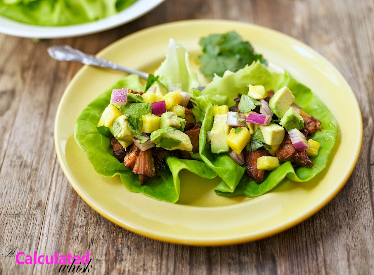 Slow-Cooker Carnitas Lettuce Wraps with Pineapple and Avocado Salsa (Paleo, Gluten free)