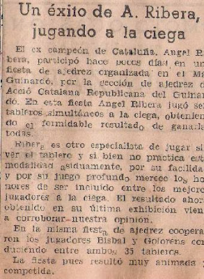 Recorte de prensa 1943 sobre Ribera y una exhibición de partidas a la ciega