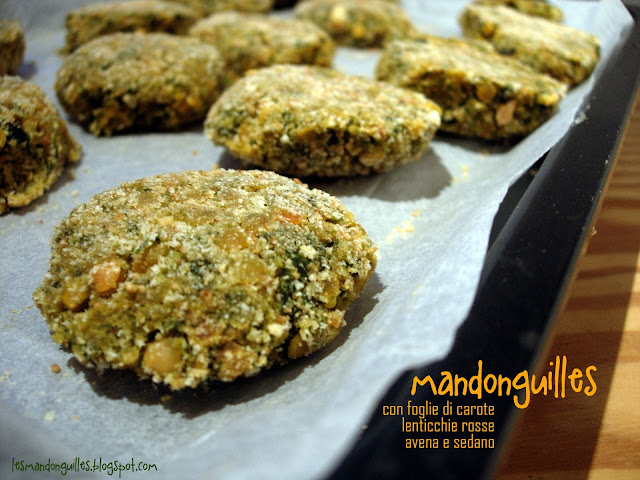 mandonguilles con foglie di carota, lenticchie rosse, sedano e avena