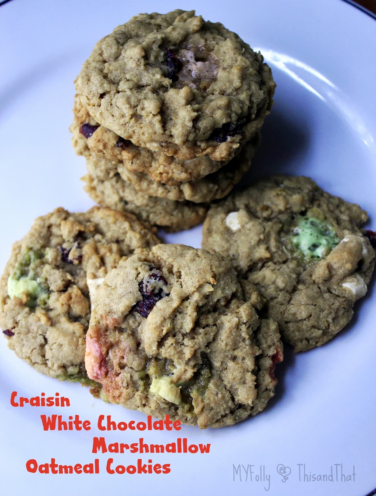 This and that Craisin White Chocolate Marshmallow Oatmeal Cookies 