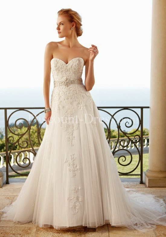   A-Line Sweetheart French Tulle Satin Chapel #Wedding #Dress
