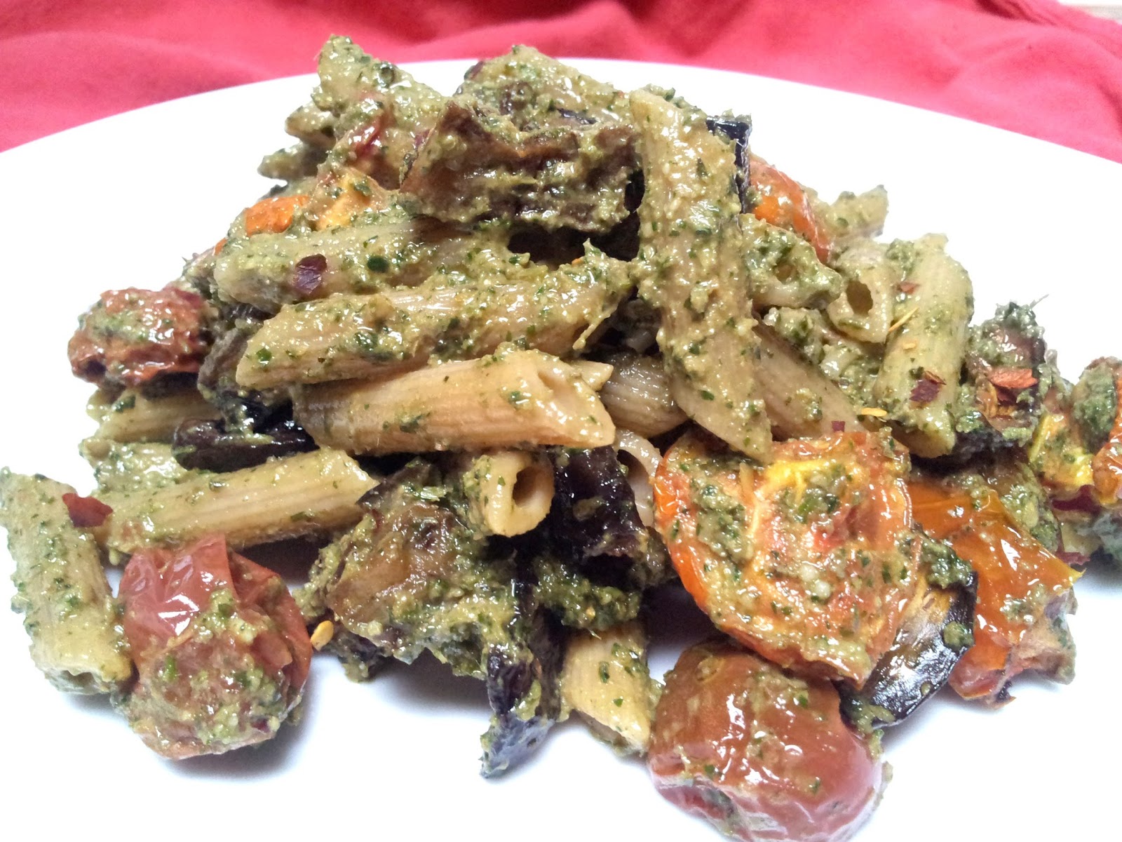 red or green? Roasted Eggplant & Tomato Pasta with Spicy Carrot Top