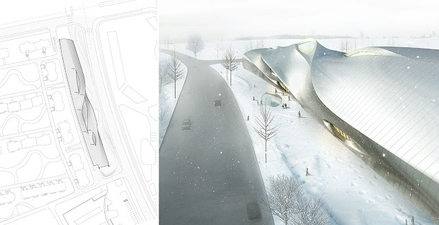 Rendering and site plan of new museum as seen from the air