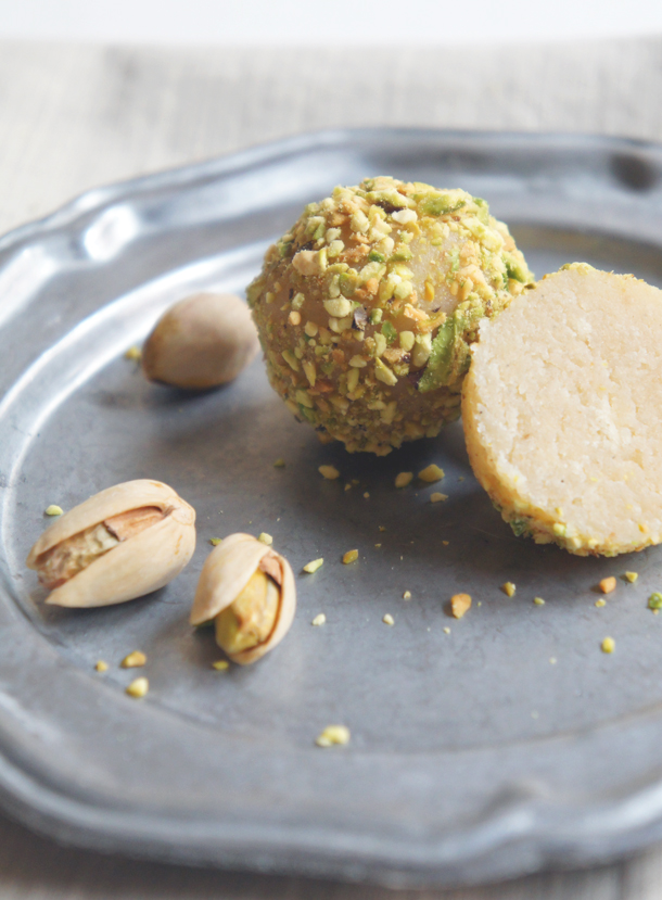 Vanilla Bean Cake Truffles with White Chocolate & Toasted Pistachios - Sugary & Buttery