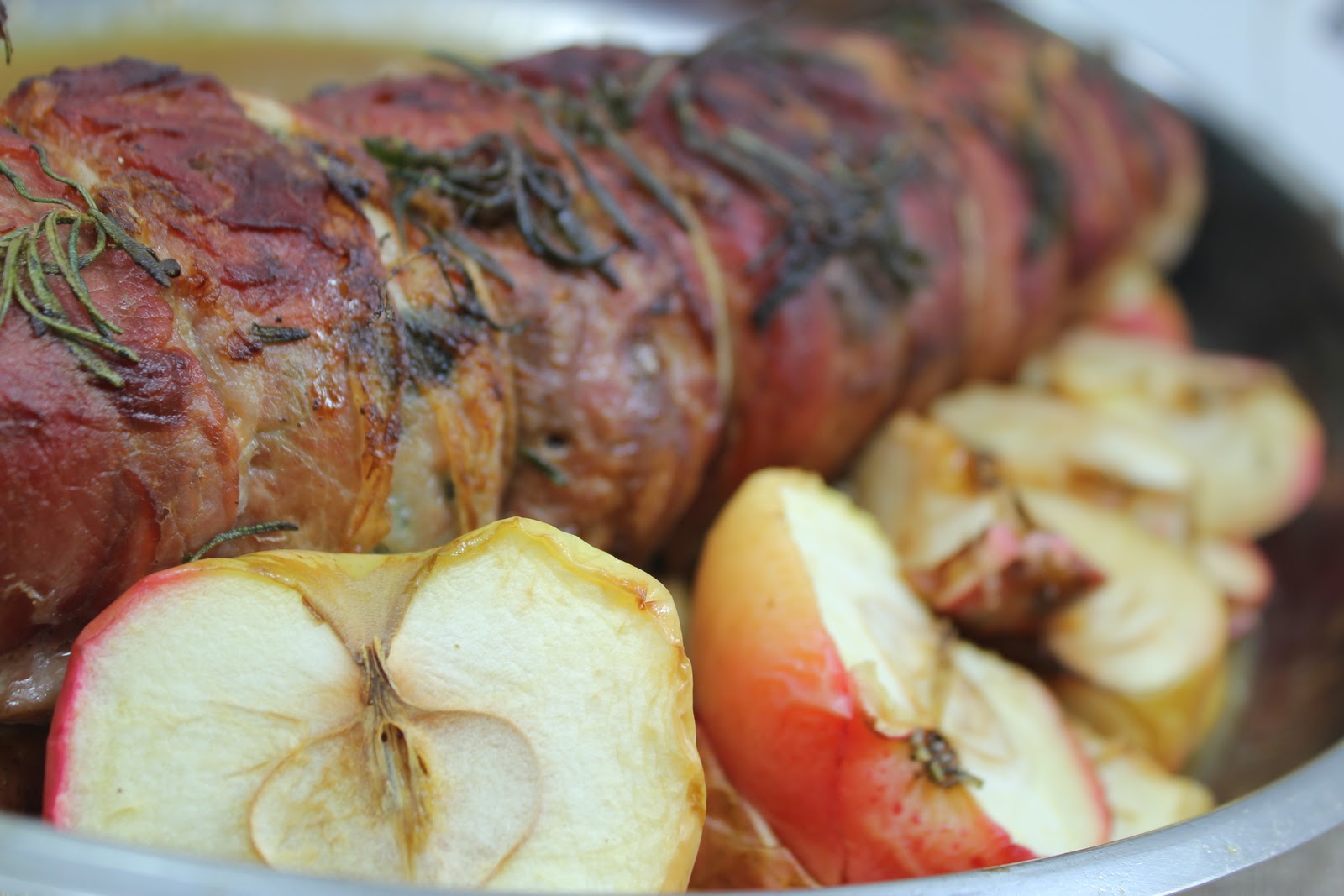 Thyme In Our Kitchen ProsciuttoWrapped Pork Loin with Roasted Apples