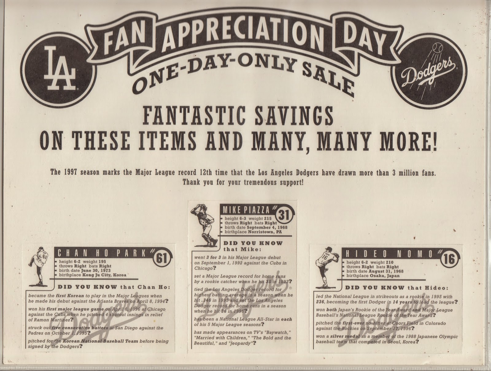 Dodgers Blue Heaven A Dodger Fan Appreciation Card Sheet from 1997