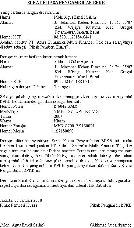 Contoh Surat Kuasa Pengambilan Bpkb Motor Di Wom