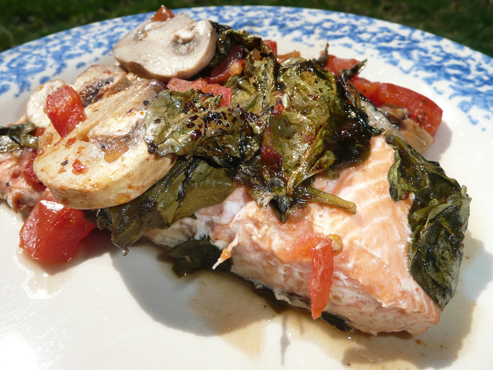 Everyday Dutch Oven Baked Salmon with Tomatoes, Spinach and Mushrooms