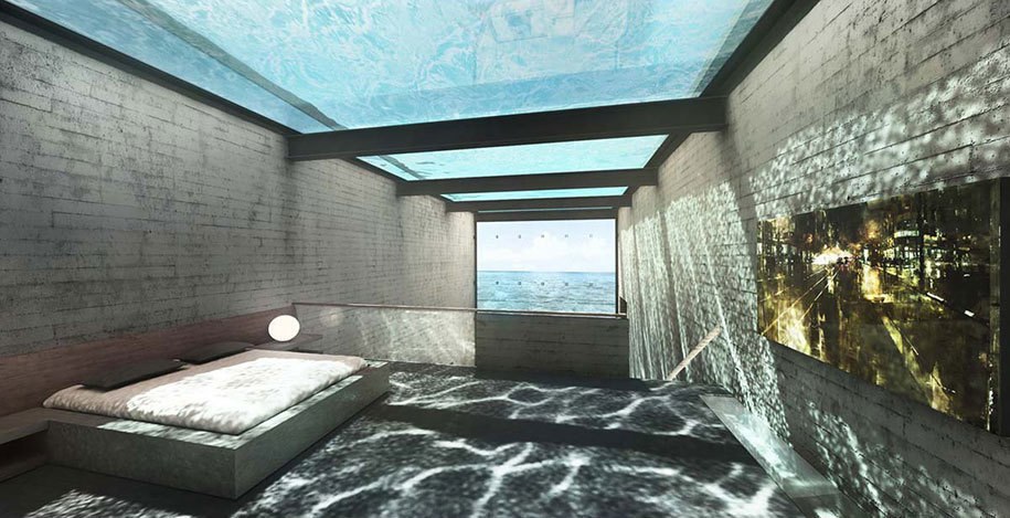There is a pool above the rooms, making all of the interior feel like it's under the sea. - This Alternative Housing Design Is Letting People LITERALLY Live On The Edge. There is a pool above the rooms, making all of the interior feel like it's under the sea. - This Alternative Housing Design Is Letting People LITERALLY Live On The Edge.
