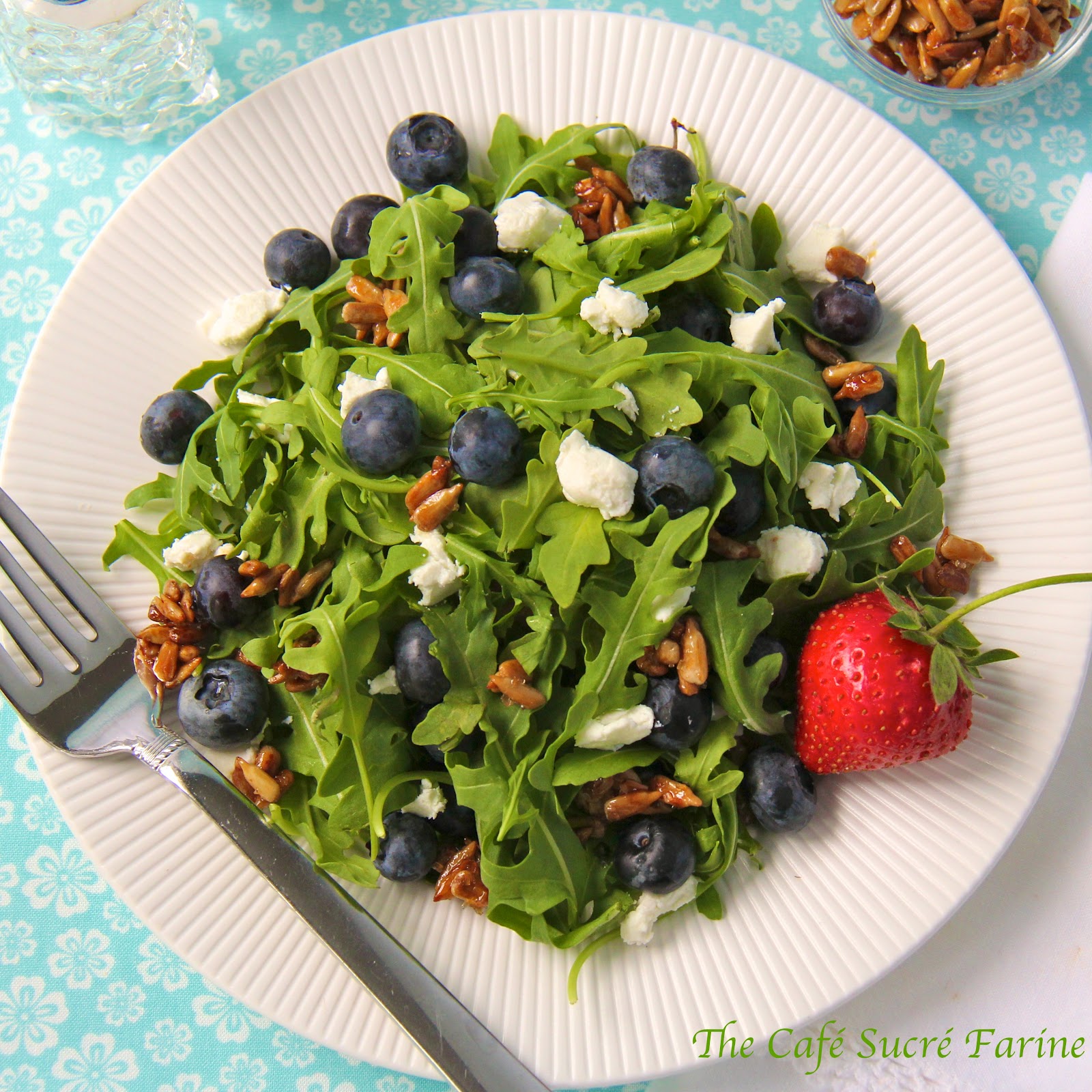 Arugula & Blueberry Salad w/ Goat Cheese, Honeyed Sunflower Seeds