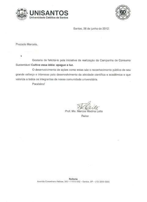 CARTA DE RECONHECIMENTO ENCAMINHADA PELO REITOR DA UNISANTOS PARA MARCELO GIL - 2012