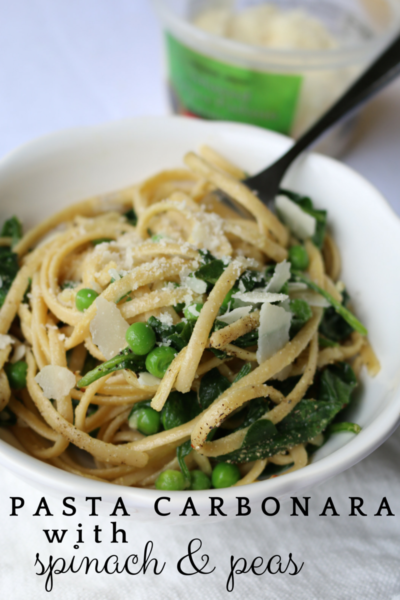 NourishRDs Pasta Carbonara with Spinach and Peas