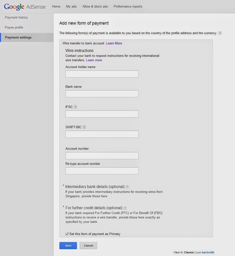 add new payment method adsense