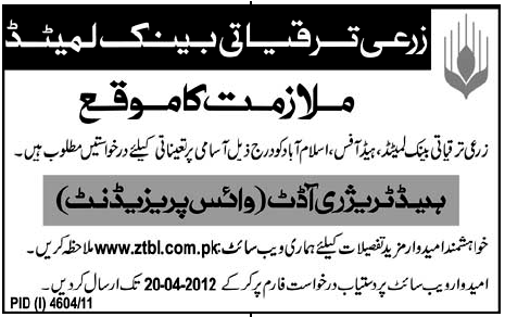 Head of Treasury Audit (Vice President) Jobs in Zarai Taraqiati Bank