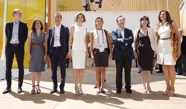 Queen Letizia of Spain and Spanish Minister for Agriculture Isabel Garcia Tejerina attend to visit the Spanish Pavilion