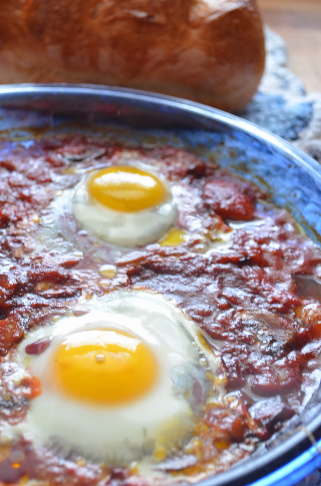 iron stef M.F.K. Fisher inspired eggs in tomato sauce with wine