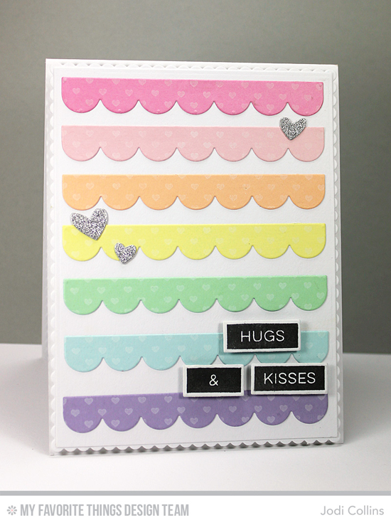 Hugs & Kisses Card by Jodi Collins featuring the Label Maker Love stamp set, Mini Hearts background stamp, and Blueprints 1, 8, and 20 Die-namics #mftstamps