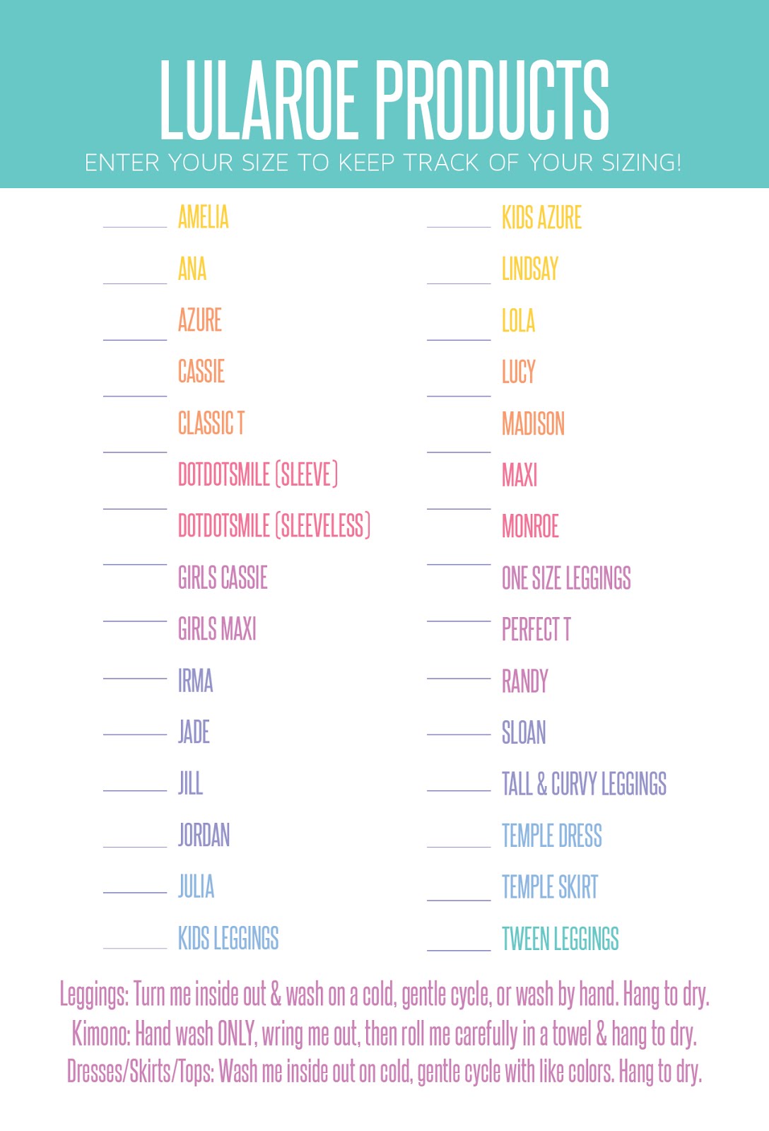 Pop Boutique Size Chart