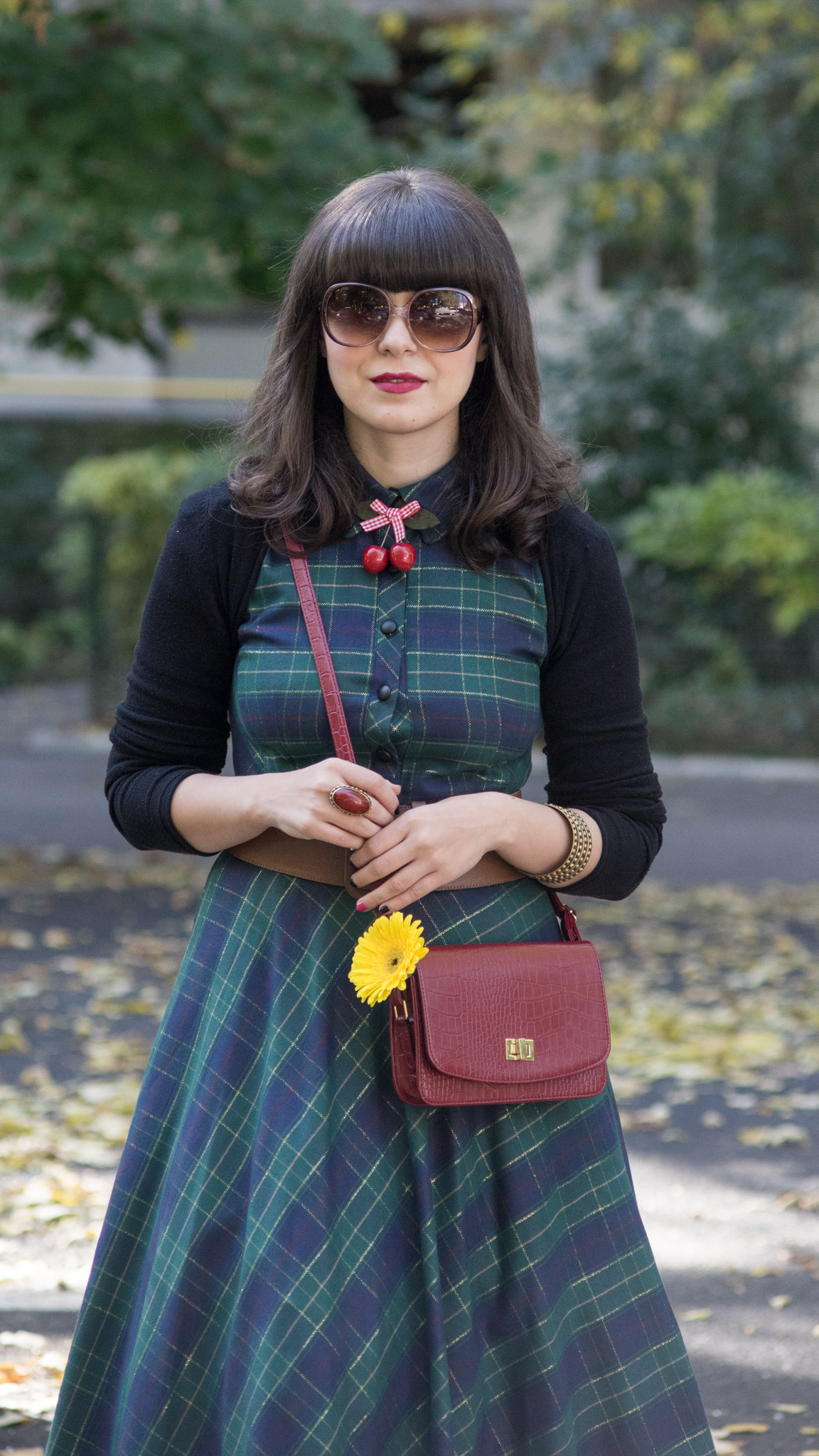 fall midi tartan dress burgundy boots bag koton brown belt cherries accessory yellow gerbera