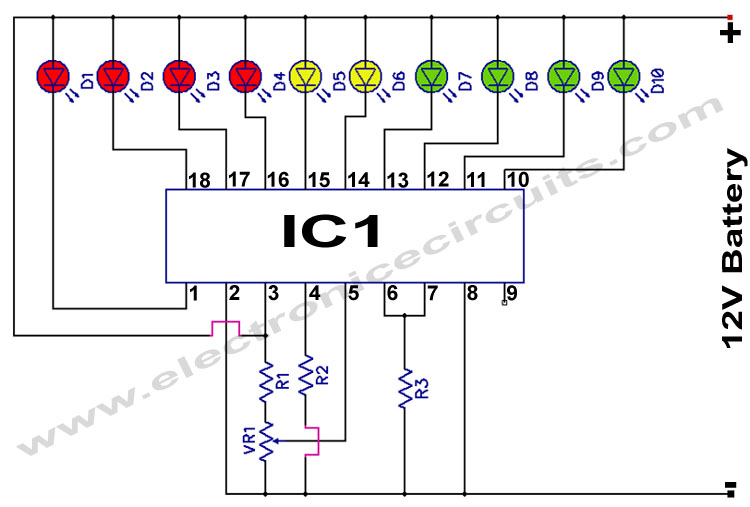 12v battery monitor circuit based on lm3914 Electronic Circuit Collection