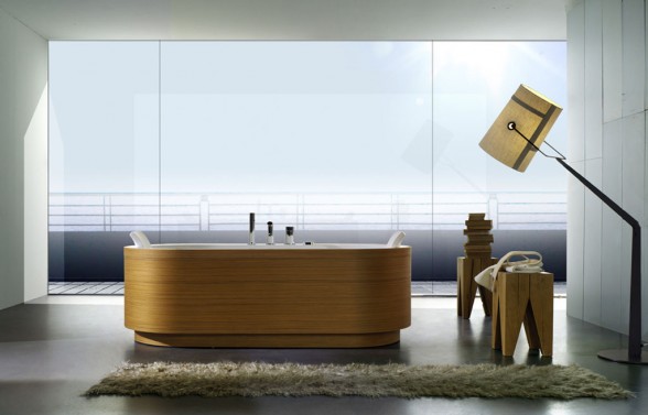 contemporary timber finish bathtub