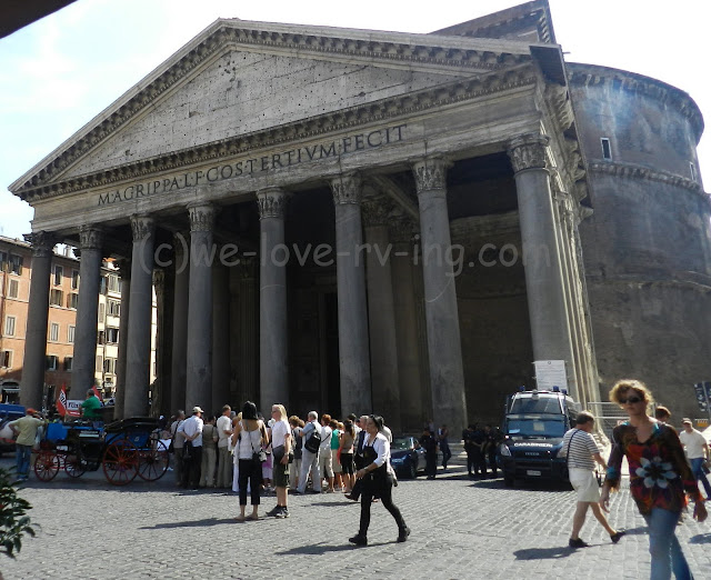 The massive columns and the front of the Pantheon in Rome