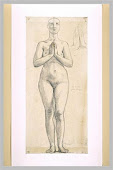 Nude woman standing, front view, hands clasped in front of the chest