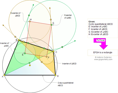 Geometry Problem 601: Cyclic Quadrilateral, Incenter, Excenter, Angle Bisector, Rectangle.