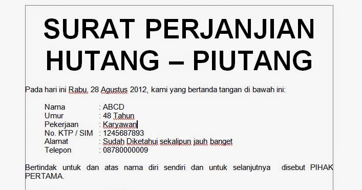 Doc Contoh Surat Perjanjian Hutang Piutang Lanjutan