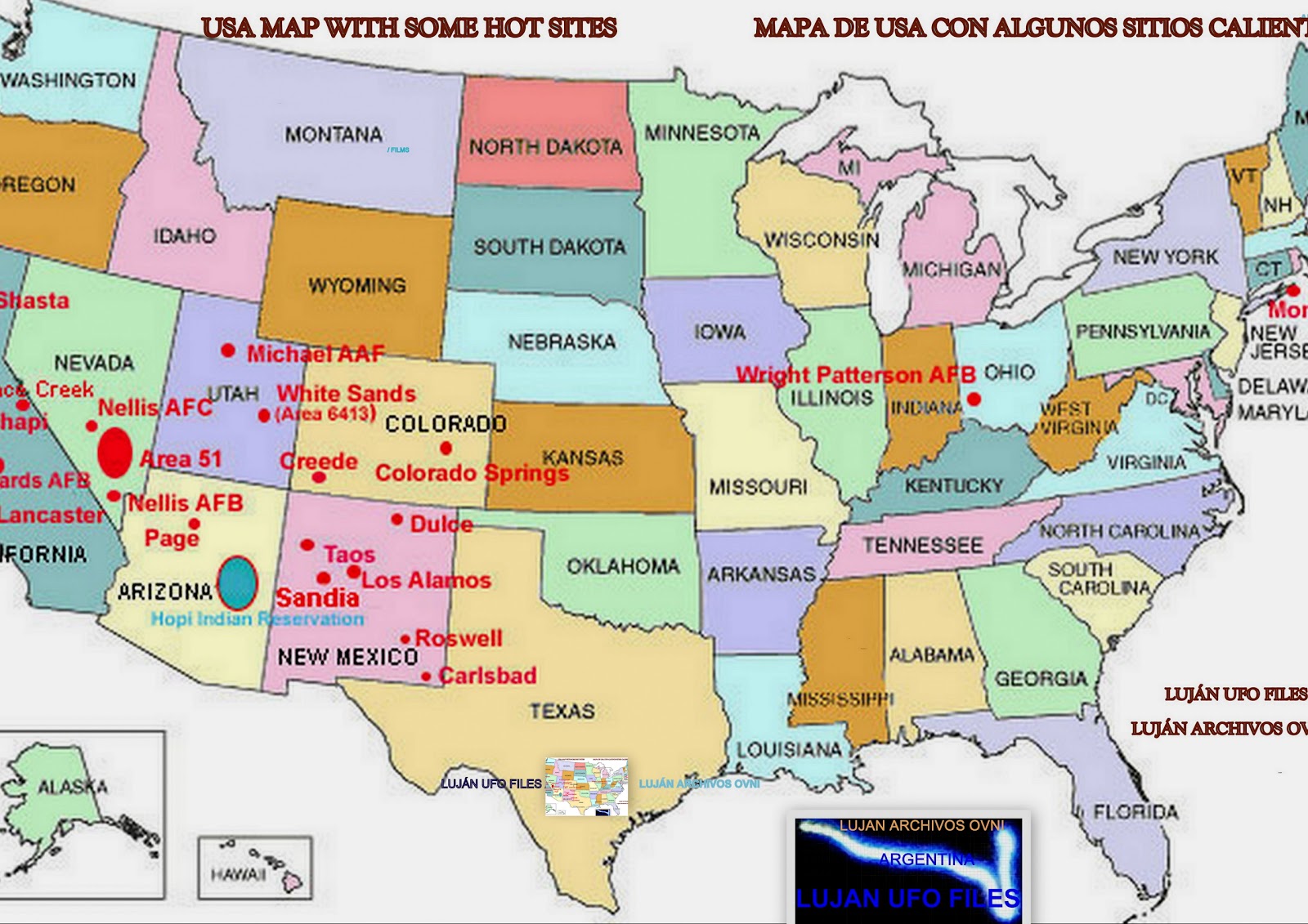 LUJÁN ARCHIVOS OVNI: USA Map With Some Hot Sites // MAPA DE USA CON