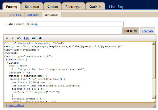 Mempaste kode plugin di editor halaman baru dalam mode HTML