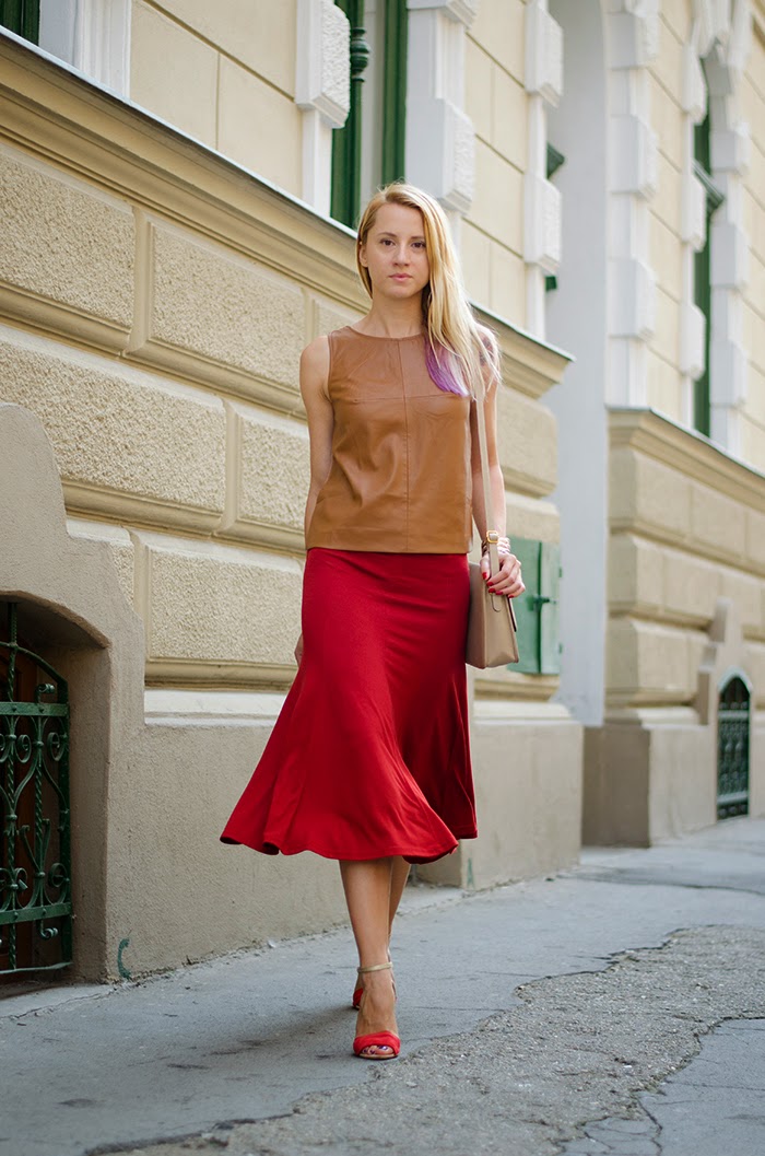 Stradivarius brown leather top H&M crimson full skirt