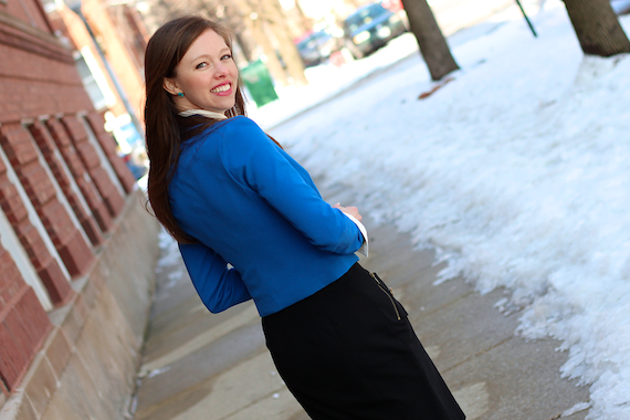 Cobalt Blazer, Black Skirt | StyleSidebar