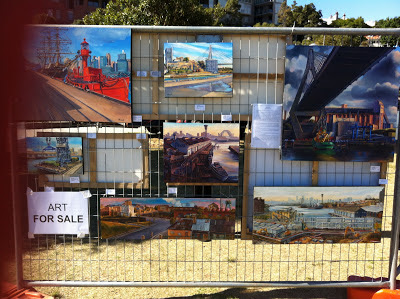 Exhibition of paintings of Pyrmont by Jane Bennett at the 2013 Pyrmont Festival in Pirrama Park