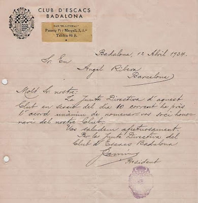 Carta del Club d’Escacs Badalona, nombrándolo socio de honor en 1934