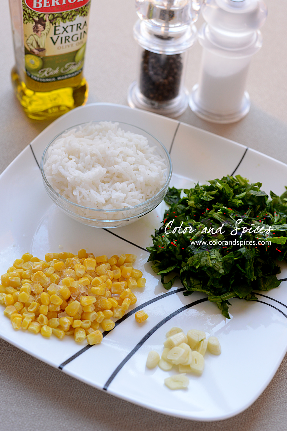 Color and Spices Spinach and Corn rice..