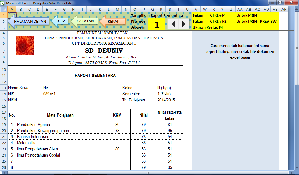 Aplikasi Nilai Raport KTSP Excel Tanpa Macro dan Yang