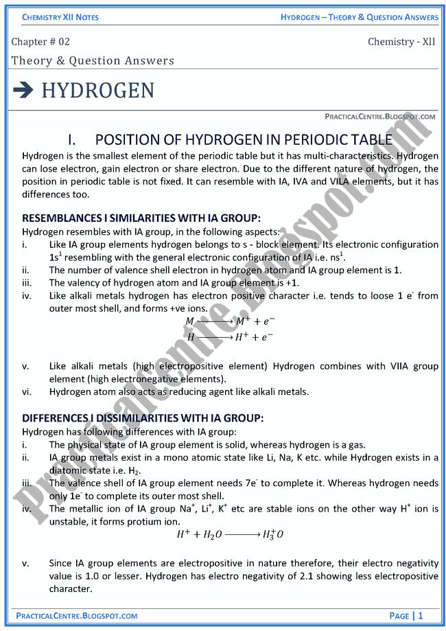 hydrogen-theory-and-question-answers-chemistry-12th