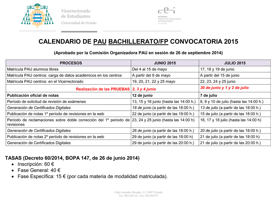 AMPA I.E.S. "LA ERÍA" Calendario de la PAU 2015