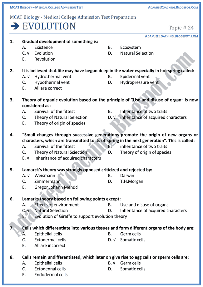 Adamjee Coaching MCAT Biology [Evolution] Mcqs for Medical Entry Test