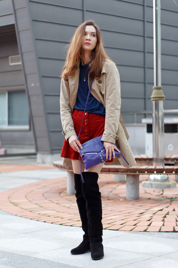 modern retro style, 70s style, fall fashion, suede skirt, over the knee boots, asos, zara, funnel collar, burberry trench, botkier legacy